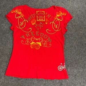 JW Johnny Was Red Freedom Rose Bicycle Graphic V Neck T Shirt Womens Medium